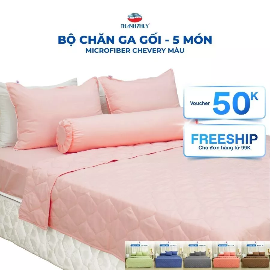 Bộ Chăn Ga Gối 5 Món Microfiber Chevery Màu (Vỏ gối không lót gòn) - Điểm Nhấn Sang Trọng Cho Phòng Ngủ