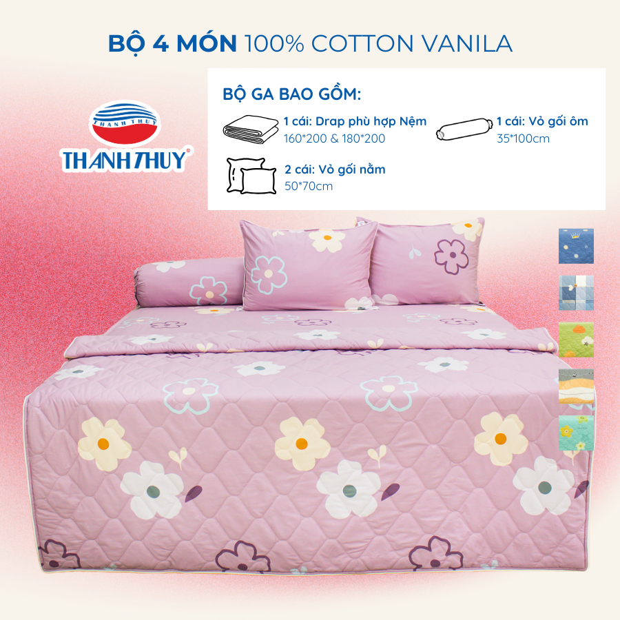 Bộ Ga Gối 4 món - 100% Cotton Vanila thoáng mát (Vỏ gối không lót gòn) (3)