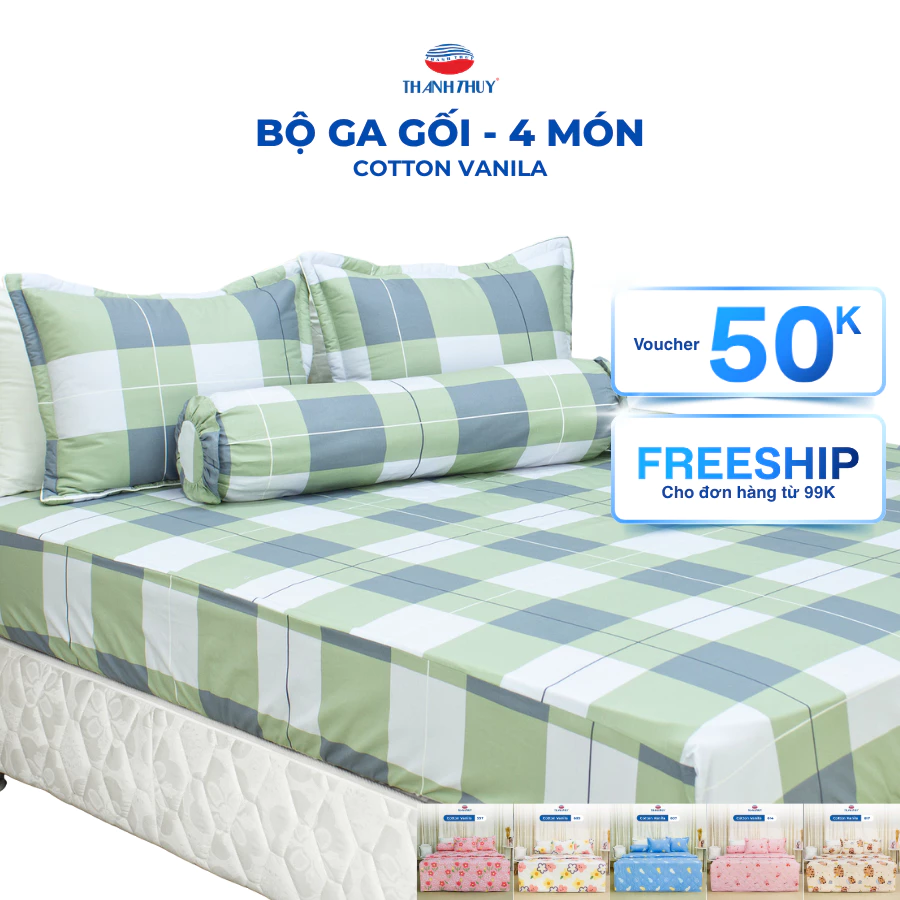 Bộ Ga Gối 4 món - 100% Cotton Vanila thoáng mát (Vỏ gối không lót gòn)