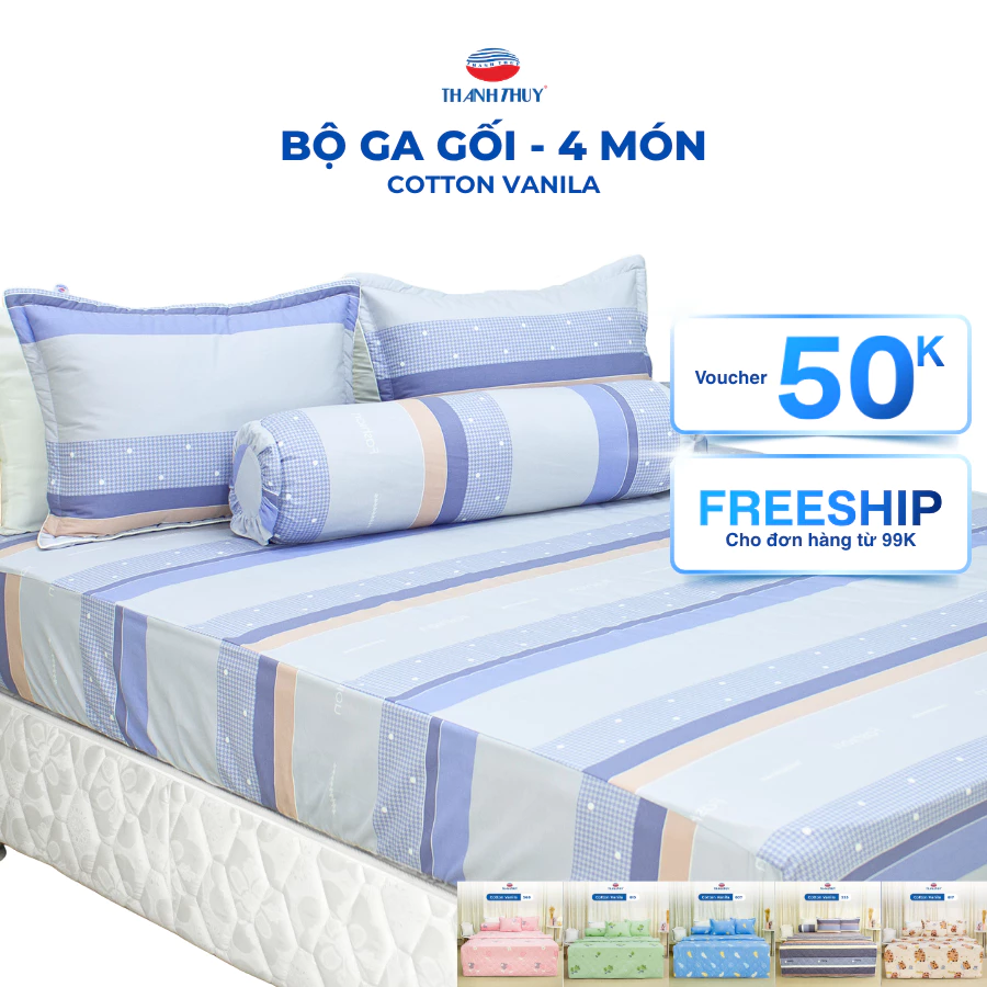 Bộ Ga Gối 4 món - 100% Cotton Vanila thoáng mát (Vỏ gối lót gòn)