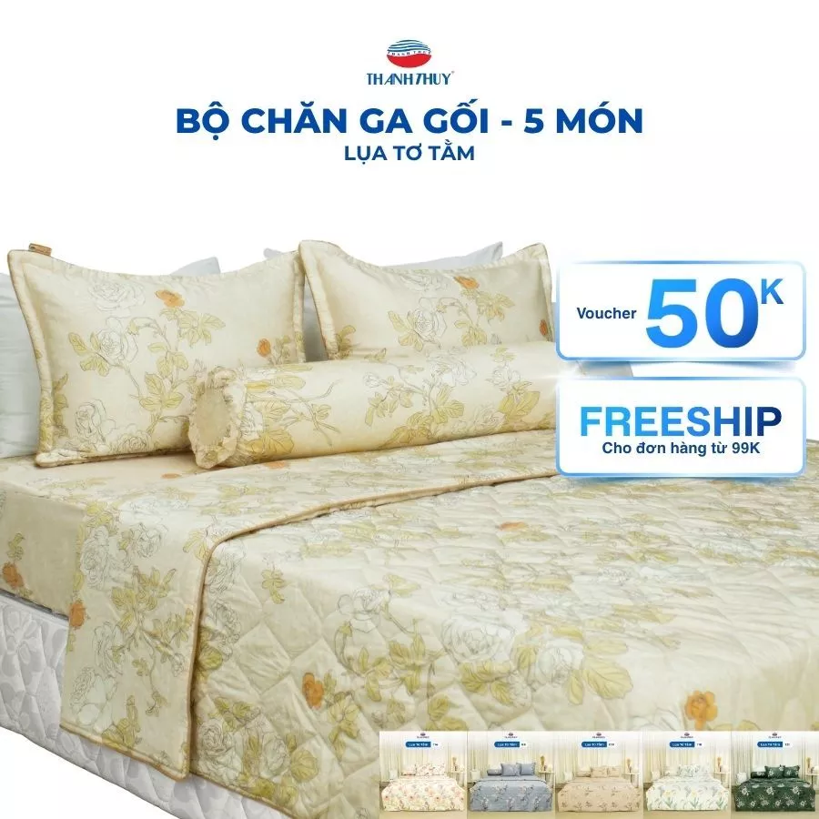Bộ Chăn Ga Gối 5 Món Lụa Tơ Tằm Chun Chần (Tencel 60s) - Mượt Mà, Đẳng Cấp