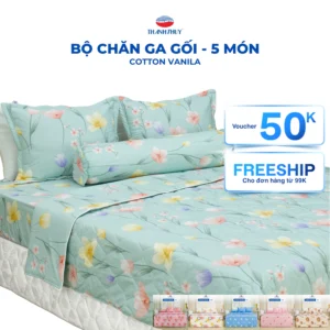 Bộ Chăn Ga Gối 5 món - 100% Cotton Vanila thoáng mát (Vỏ gối lót gòn)