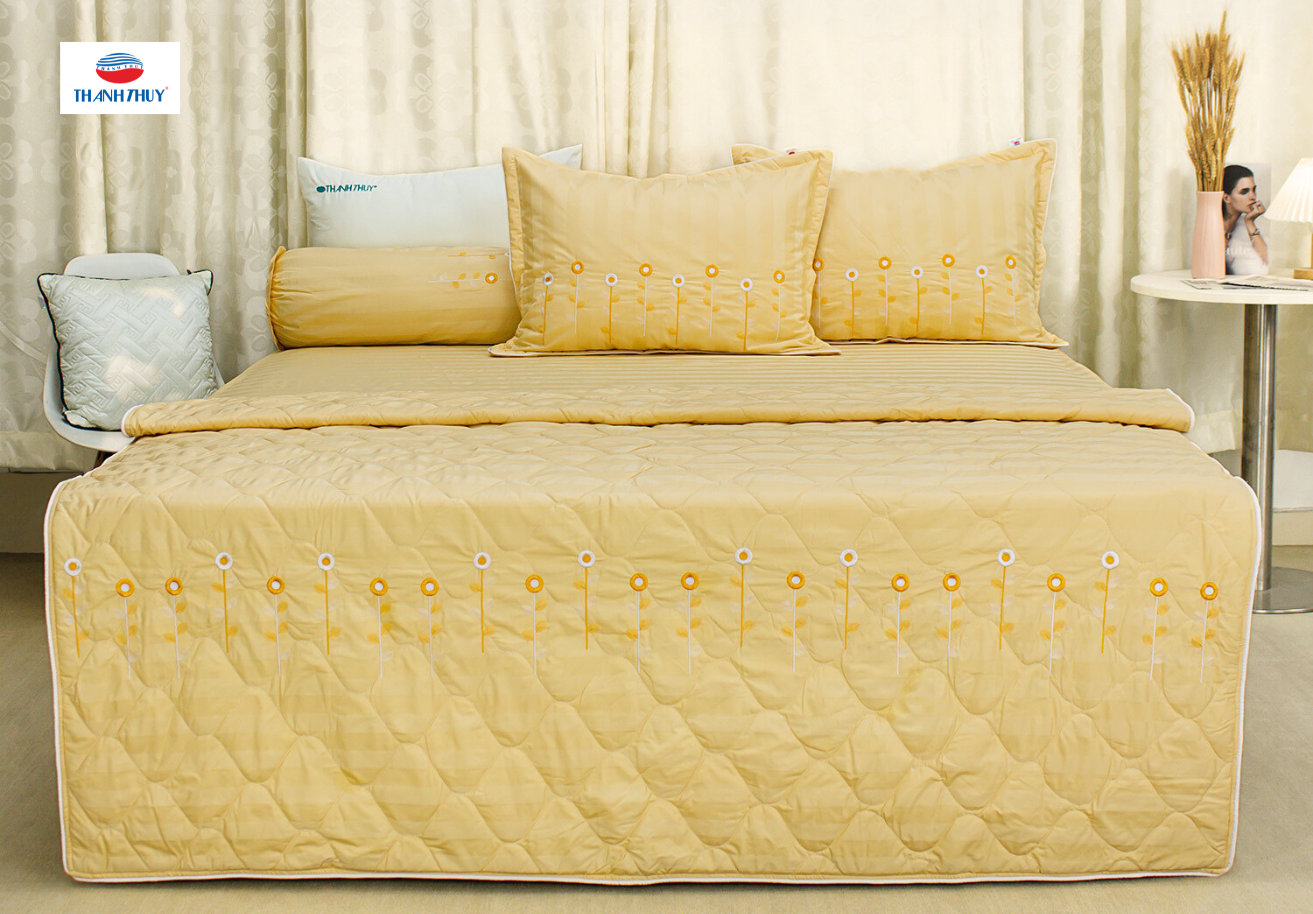 Bộ chăn ga Cotton Sateen (Thêu Chân) Màu Vàng NS