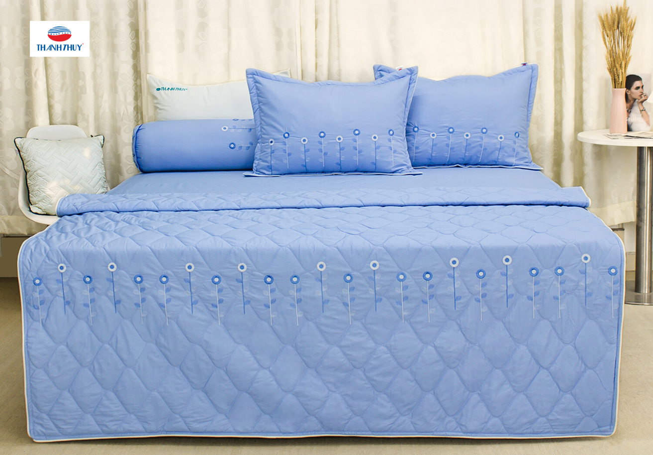Bộ chăn ga Cotton Sateen (Thêu Chân) Màu Xanh Biển