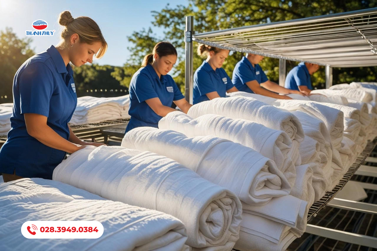 Nhân viên làm khô và phơi chăn ga gối đệm bằng máy sấy công nghiệp