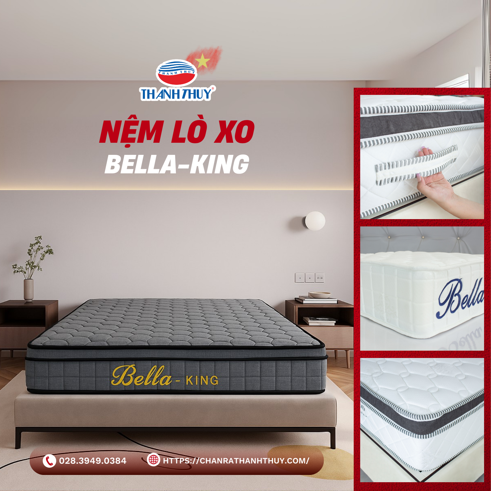 Nệm Lò Xo Bella King Màu Xám