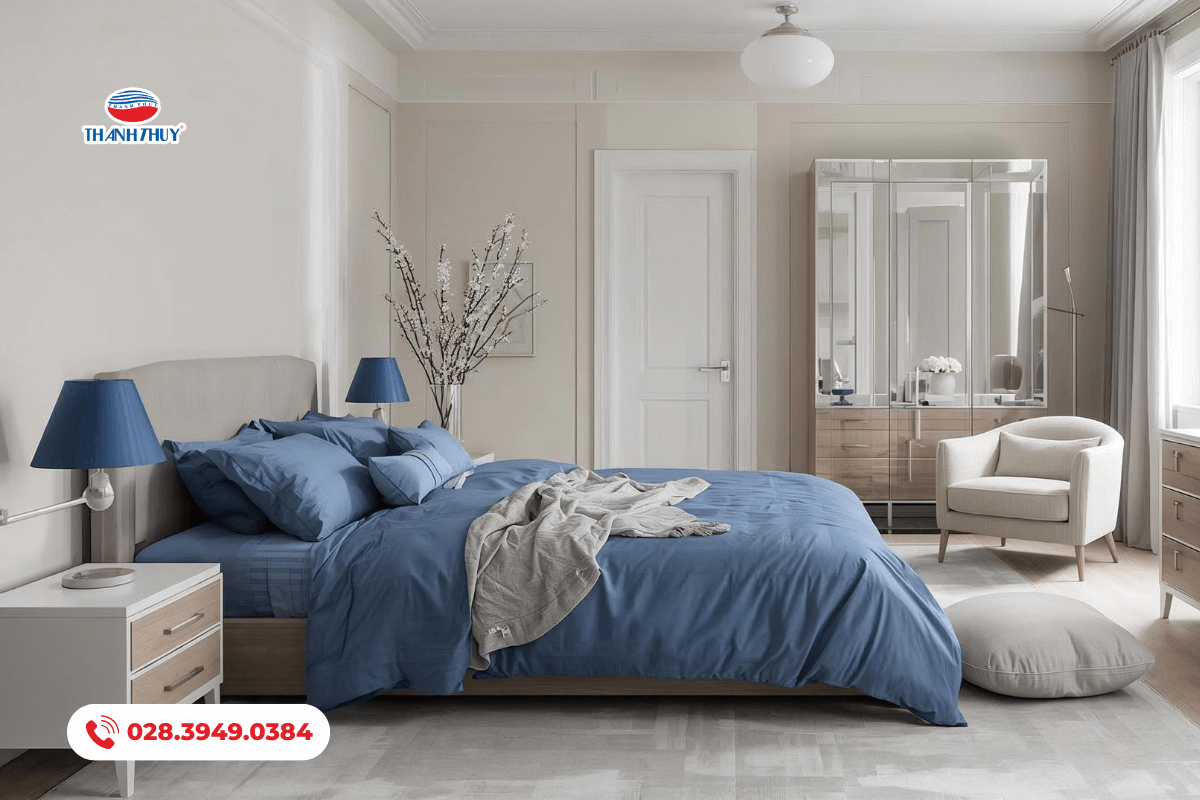 Phòng ngủ nổi bật hơn khi có bộ chăn ga gối màu xanh dương