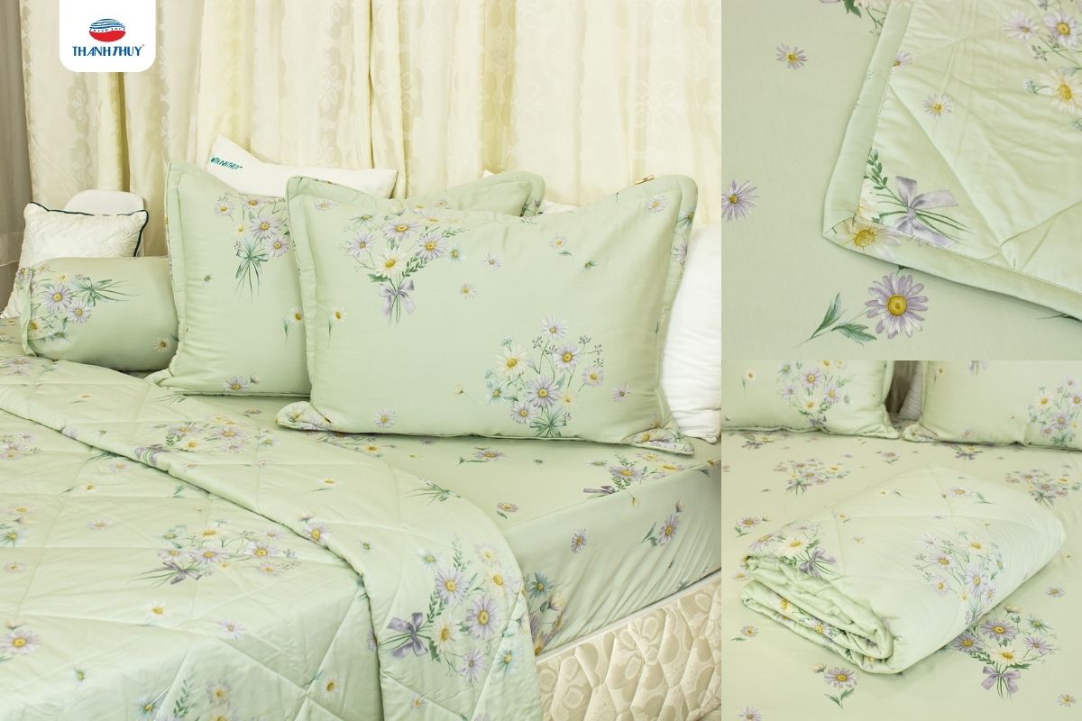 Chăn Ga Gối Màu Matcha: Xu Hướng Tối Giản & Tươi Mát Dành Cho Giới Trẻ 9 Bộ chăn ga gối Lụa Modal 136 với màu matcha hoa lá điệu đà