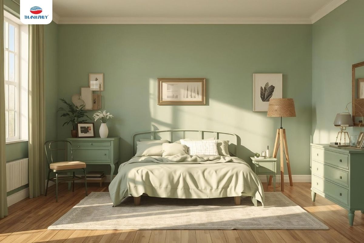 Chăn Ga Gối Màu Matcha: Xu Hướng Tối Giản & Tươi Mát Dành Cho Giới Trẻ 8 Decor retro phòng ngủ với màu matcha yêu thích
