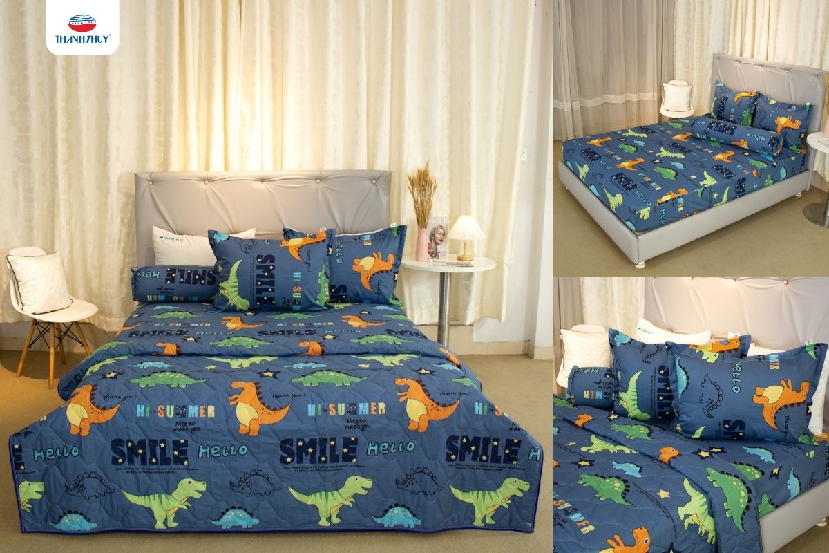 Gợi Ý Chăn Ga Gối Đệm Cho Em Bé Họa Tiết Dễ Thương, An Toàn Cho Giấc Ngủ Của Bé 9 Mẫu bộ chăn ga gối Cotton với họa tiết khủng long