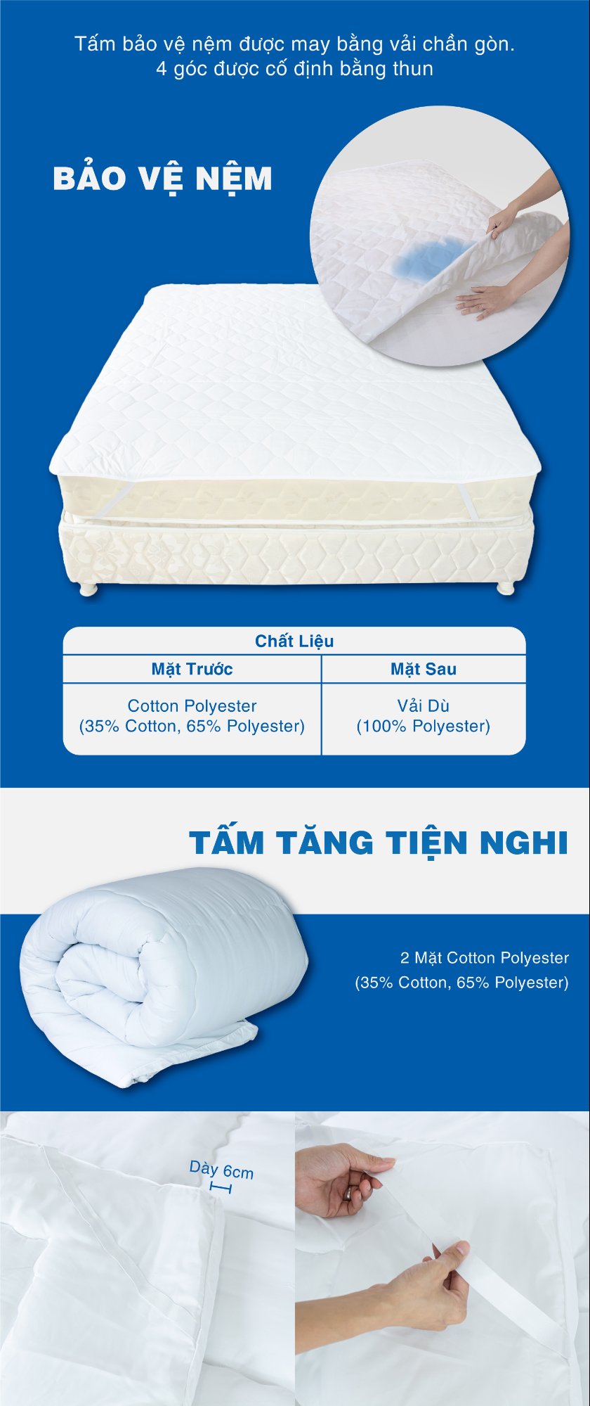 Topper Khách Sạn: Tấm Tiện Nghi Làm Êm Nệm, May Tại Xưởng 5 Tấm bảo vệ nệm và tấm tiện nghi topper khách sạn